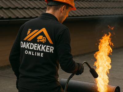 Dakdekker Online bezig Hier is een collega bezig op een Platdak met een brander met bitumen