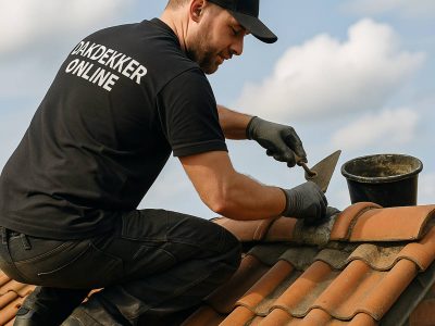 Dakdekker Online Reparatie Een collega van Dakdekker online die bezig is op het dak